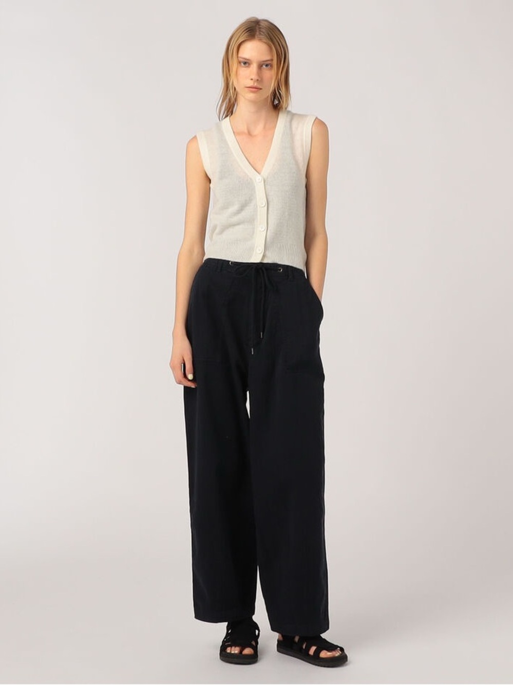 James Perse Oversized Military Pant, Wide Leg Navy Blue Trousers, Drawstring, 27